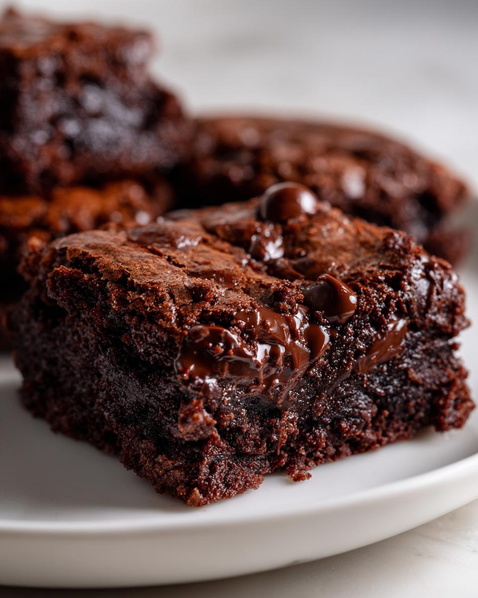 A close-up shot of a rich, dark fudgy brownies square topped with melted chocolate chips on a white plate.