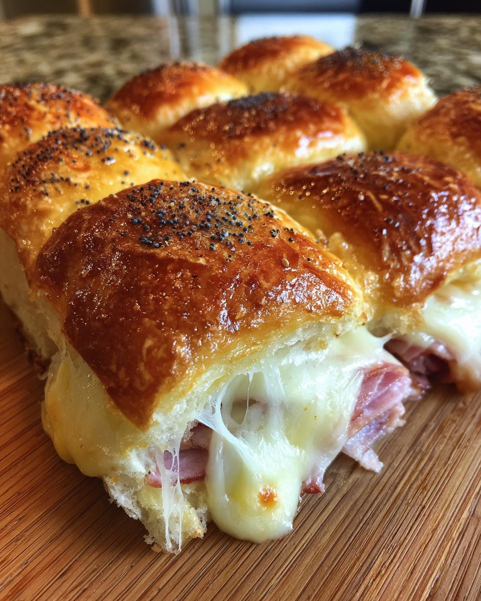 Close-up of freshly baked Ham and Cheese Sliders showing melted, gooey cheese pulling apart with ham inside.