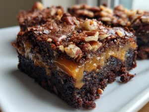 A rich, fudgy slice of turtle brownies showing a thick layer of gooey caramel and a topping of chopped pecans.