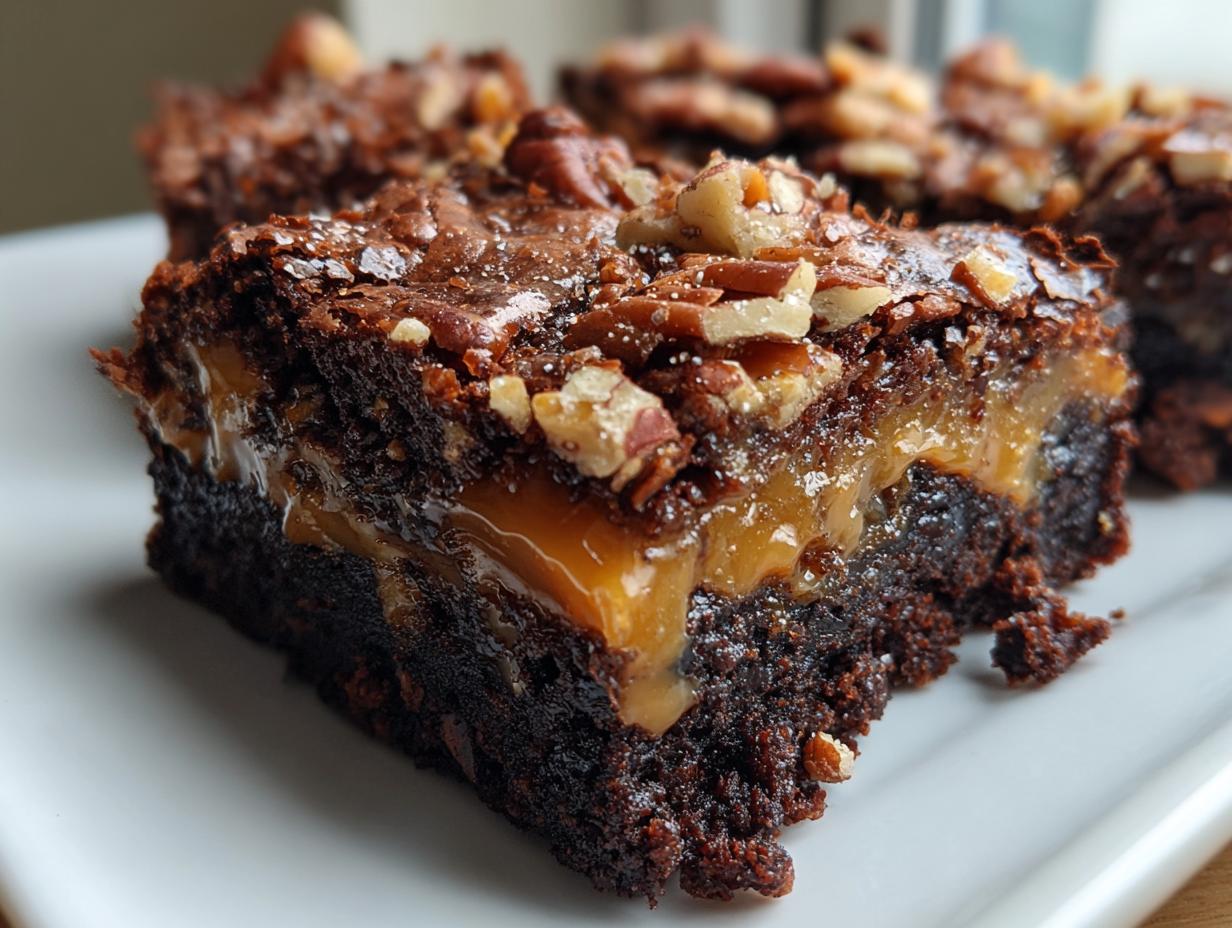 A rich, fudgy slice of turtle brownies showing a thick layer of gooey caramel and a topping of chopped pecans.