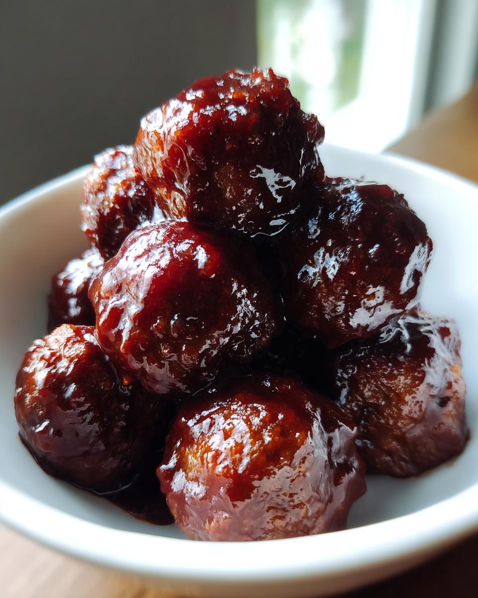 A close-up shot of several glistening Grape Jelly Meatballs piled high in a small white serving bowl.