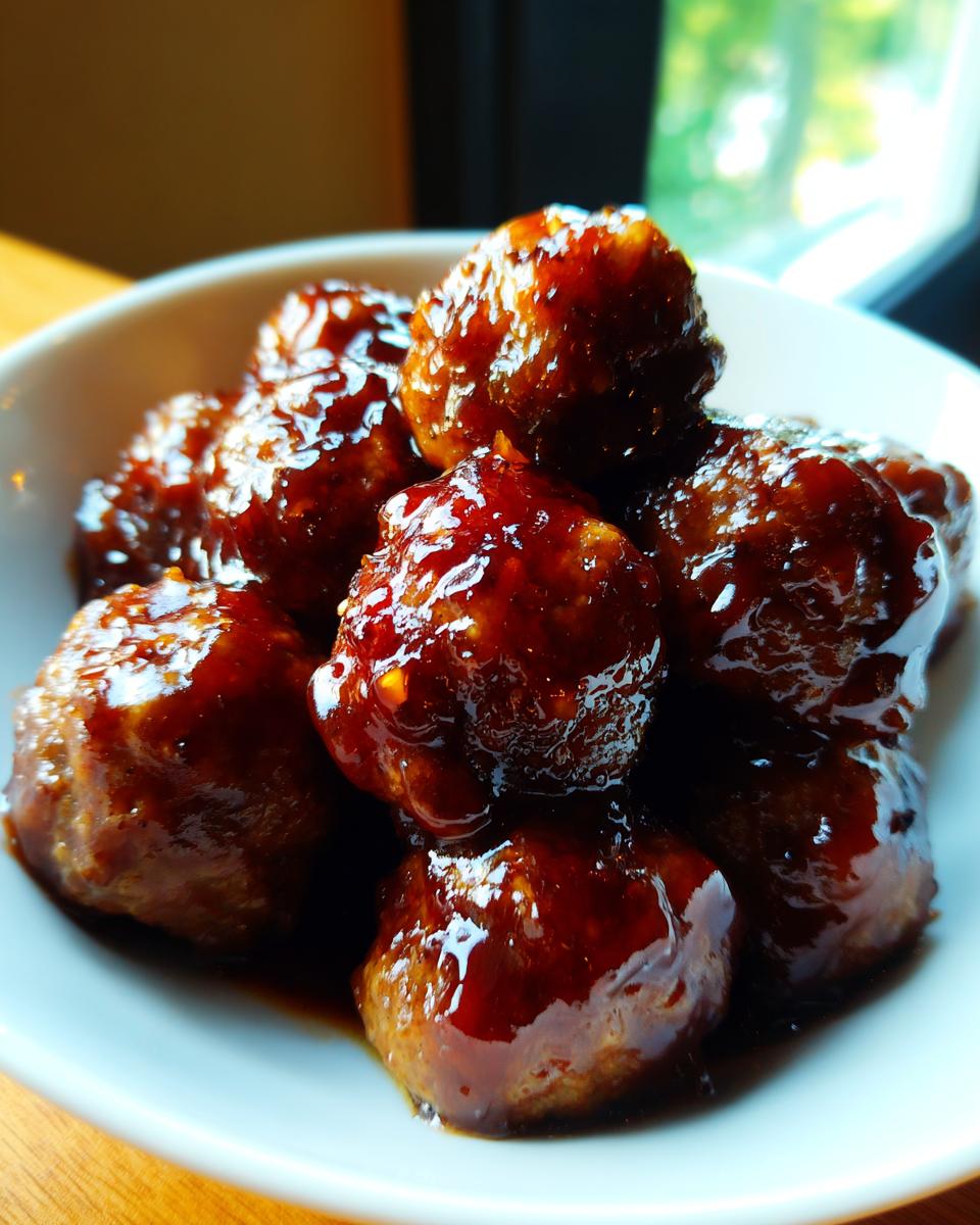 A close-up shot of several glistening Grape Jelly Meatballs coated in a thick, dark, sweet glaze, served in a white bowl.