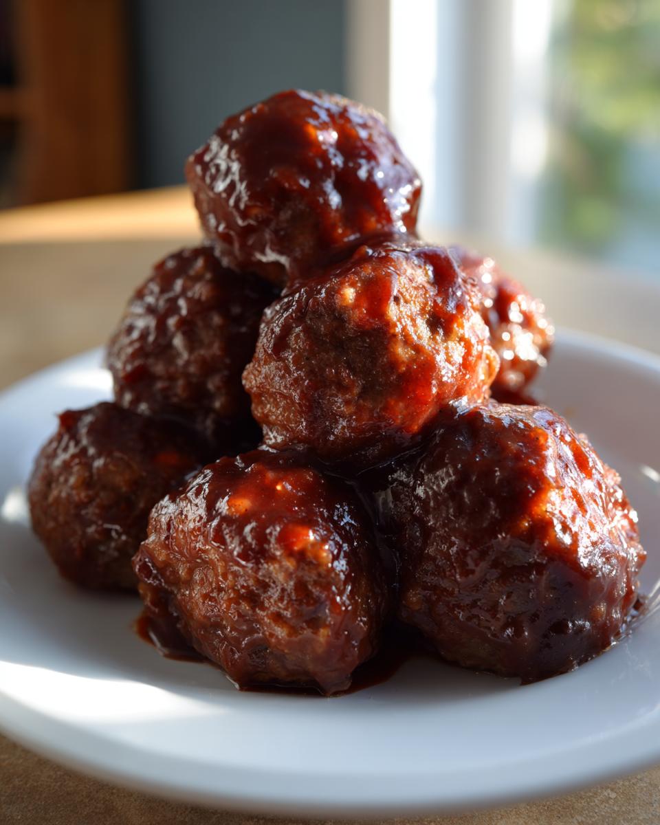A close-up of several glistening Grape Jelly Meatballs piled high on a white plate, coated in a rich, dark sauce.