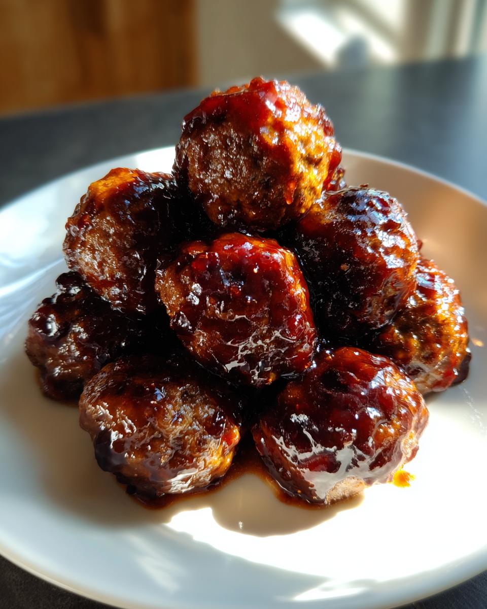 Close-up of a small pile of glistening grape jelly meatballs coated in a thick, dark sauce, served on a white plate.