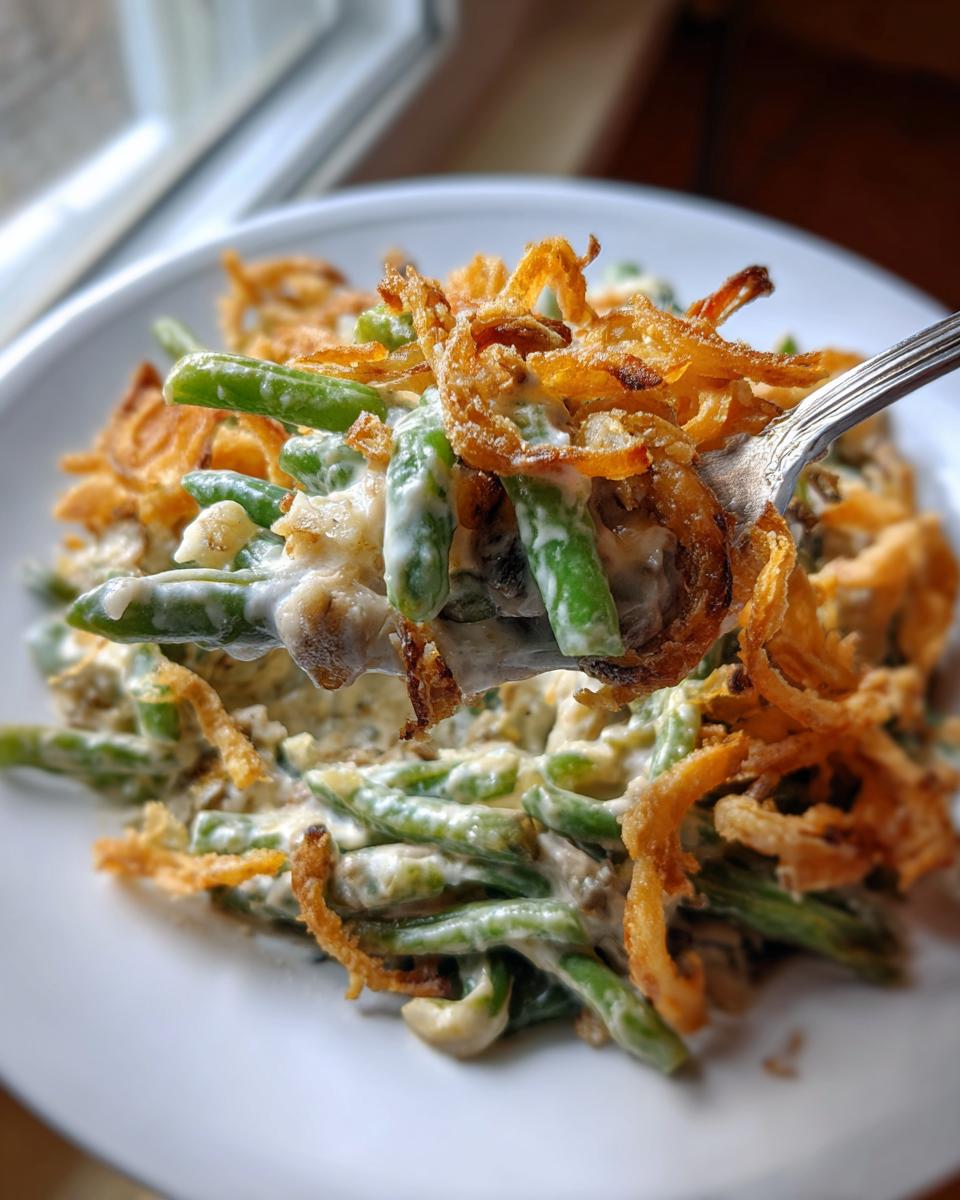 A fork lifting a creamy portion of green bean casserole topped with crispy fried onions.