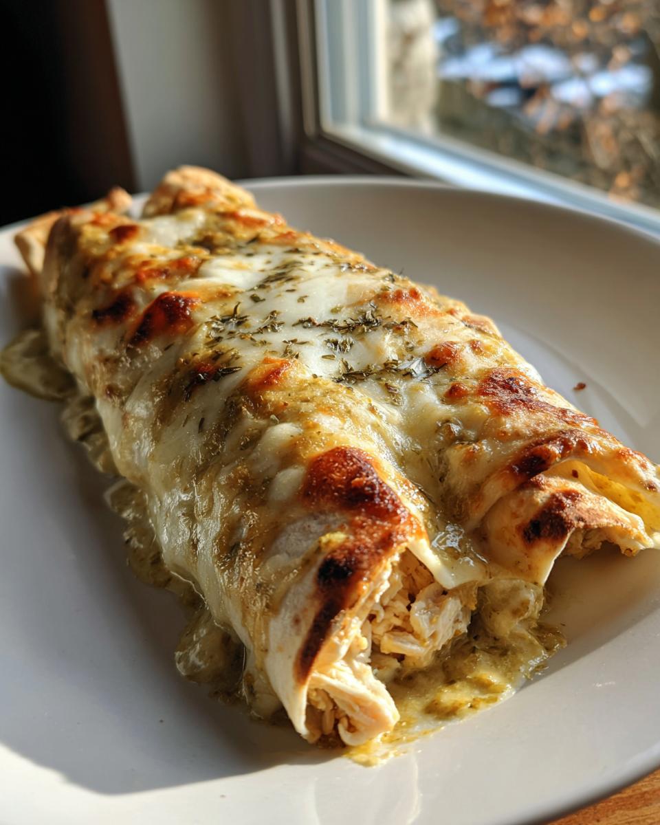 Two rolled green chile chicken enchiladas covered in melted, browned cheese and herbs, served on a white plate.