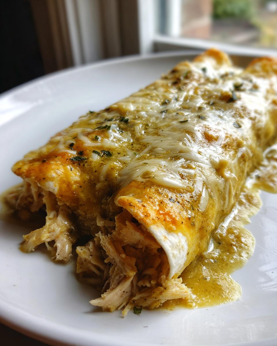 Close-up of cheesy green chile chicken enchiladas spilling out shredded chicken onto a white plate.