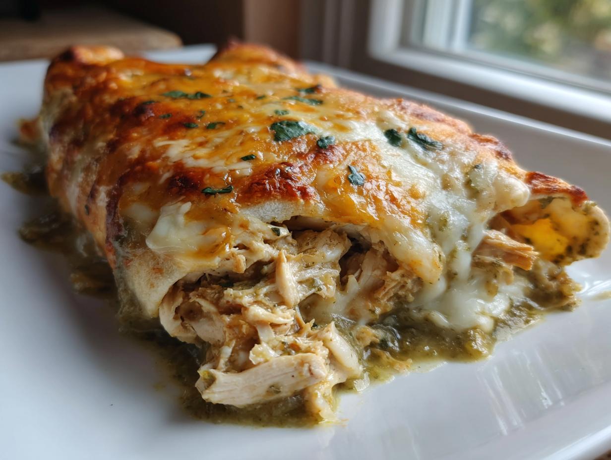 Close-up of a portion of green chile chicken enchiladas oozing with melted cheese and shredded chicken filling.