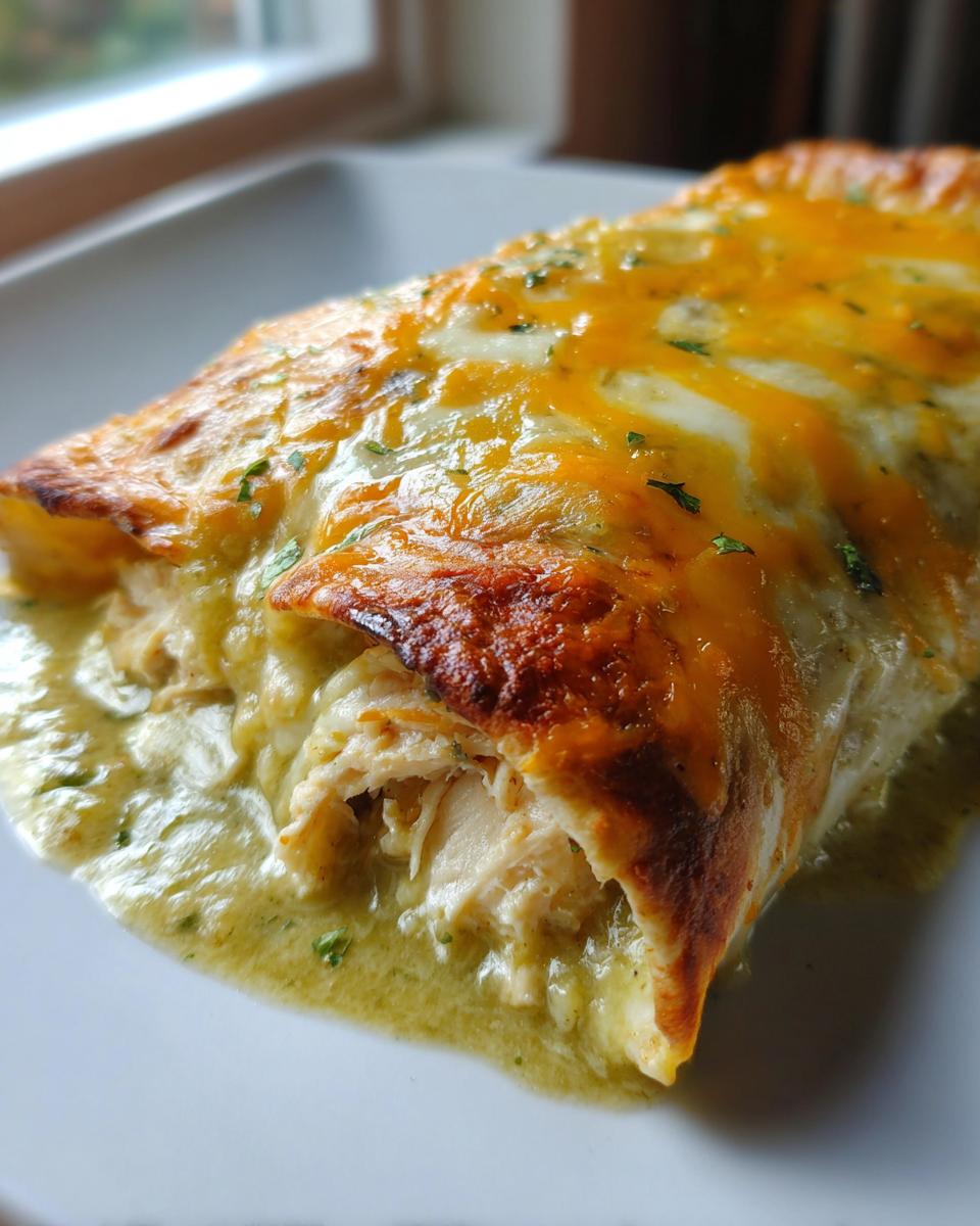Close-up of a baked green chile chicken enchiladas, showing shredded chicken filling and melted cheese topping.