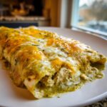Close-up of a delicious green chile chicken enchiladas smothered in melted cheddar and Monterey Jack cheese.