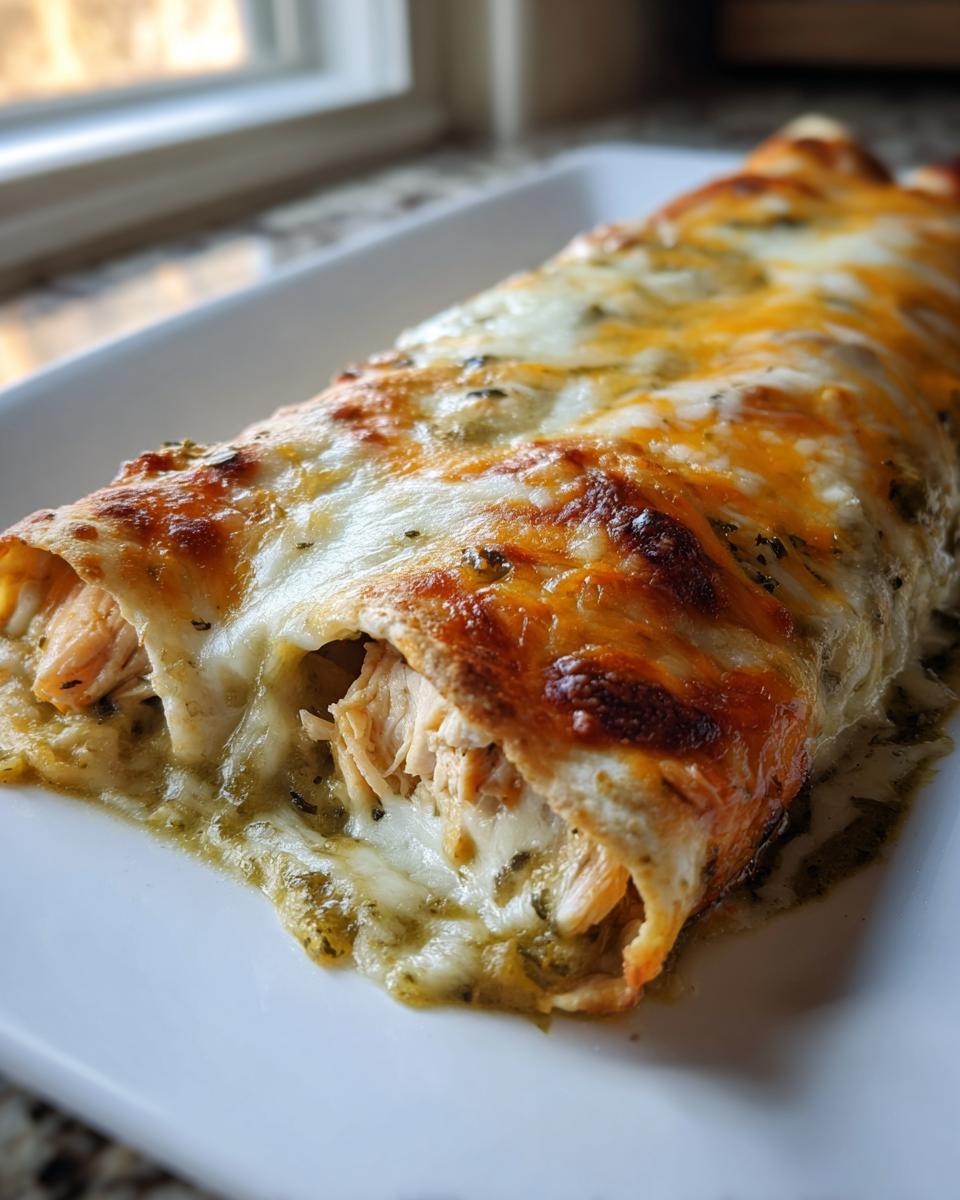 Close-up of baked green chile chicken enchiladas covered in melted, browned cheese.