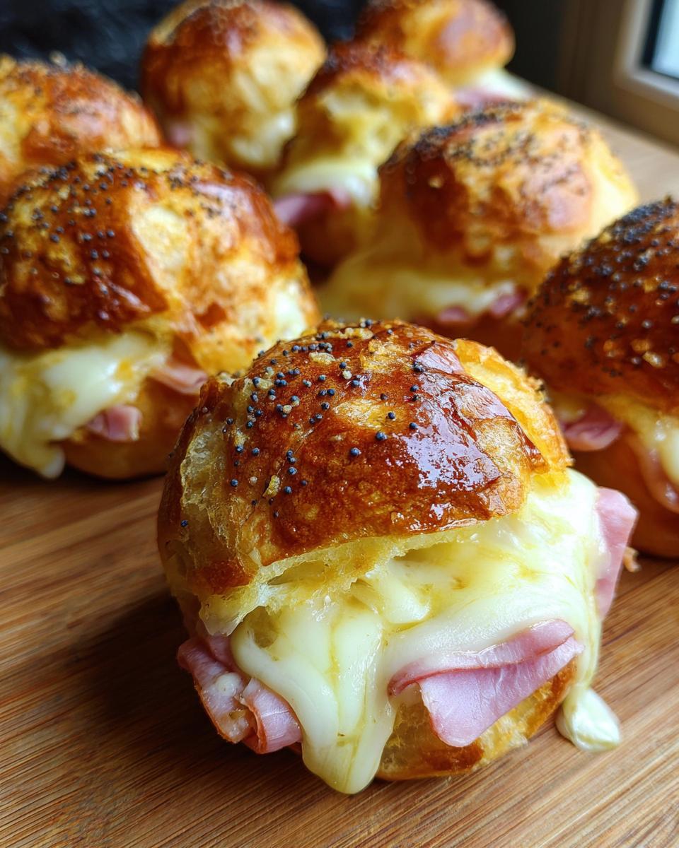 Close-up of freshly baked Ham and Cheese Sliders with melted Swiss cheese oozing over slices of ham.