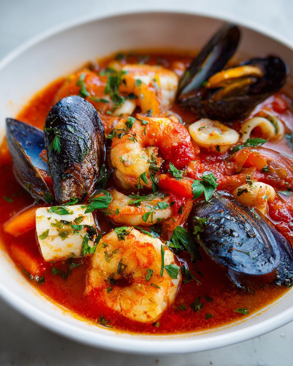 Close-up of a vibrant red tomato-based seafood soup featuring large shrimp, mussels in their shells, and squid rings, garnished with parsley.