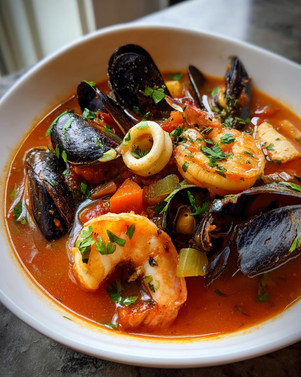 Close-up of a bowl of hearty seafood soup featuring mussels, shrimp, calamari, and vegetables in a rich tomato broth.