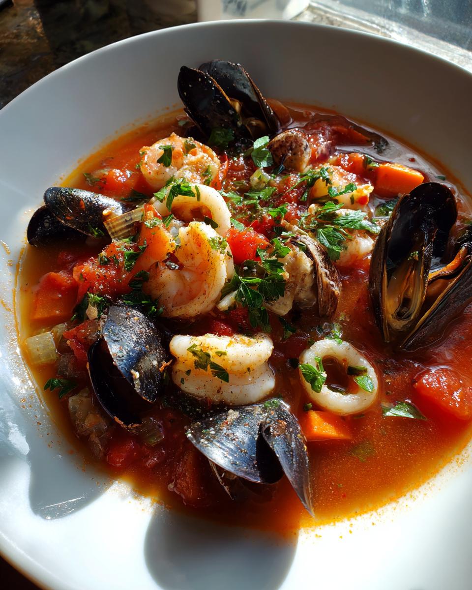 A close-up of a rich, tomato-based seafood soup featuring mussels, shrimp, calamari, and chopped vegetables.