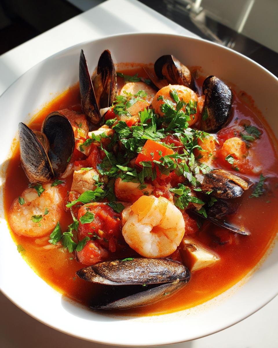A close-up of a bowl of hearty seafood soup featuring mussels, shrimp, and a rich tomato broth, garnished with parsley.