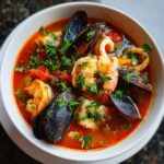 A close-up of a vibrant, red-broth seafood soup featuring large shrimp, mussels in the shell, and calamari rings, topped with fresh parsley.