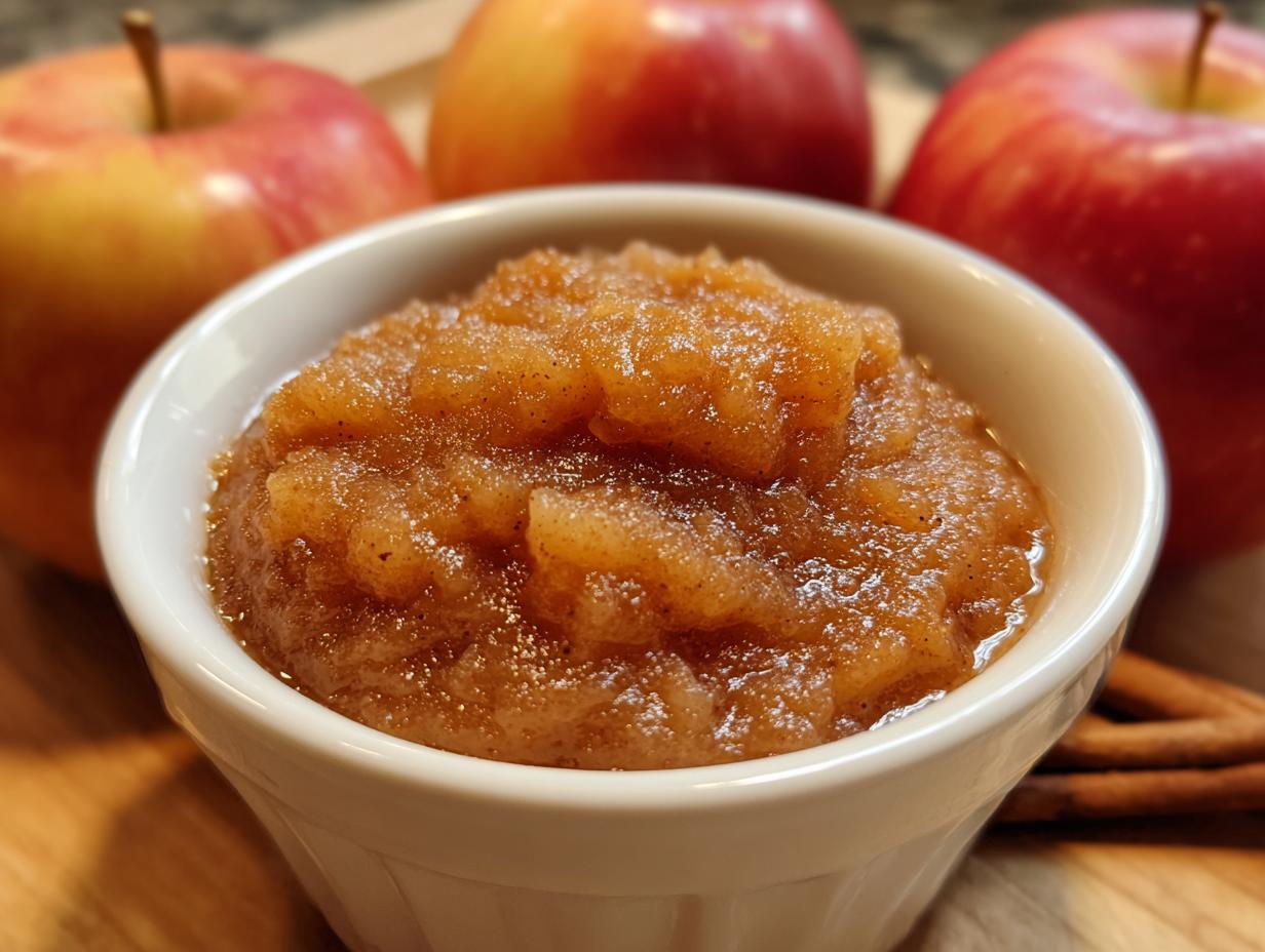 Close-up of chunky, spiced applesauce in a white bowl with fresh apples and cinnamon sticks in the background.