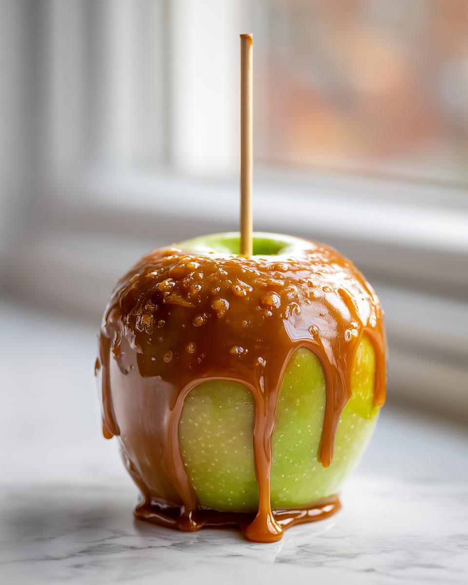A glossy, dripping caramel apple made with a tart green apple, ready to eat.