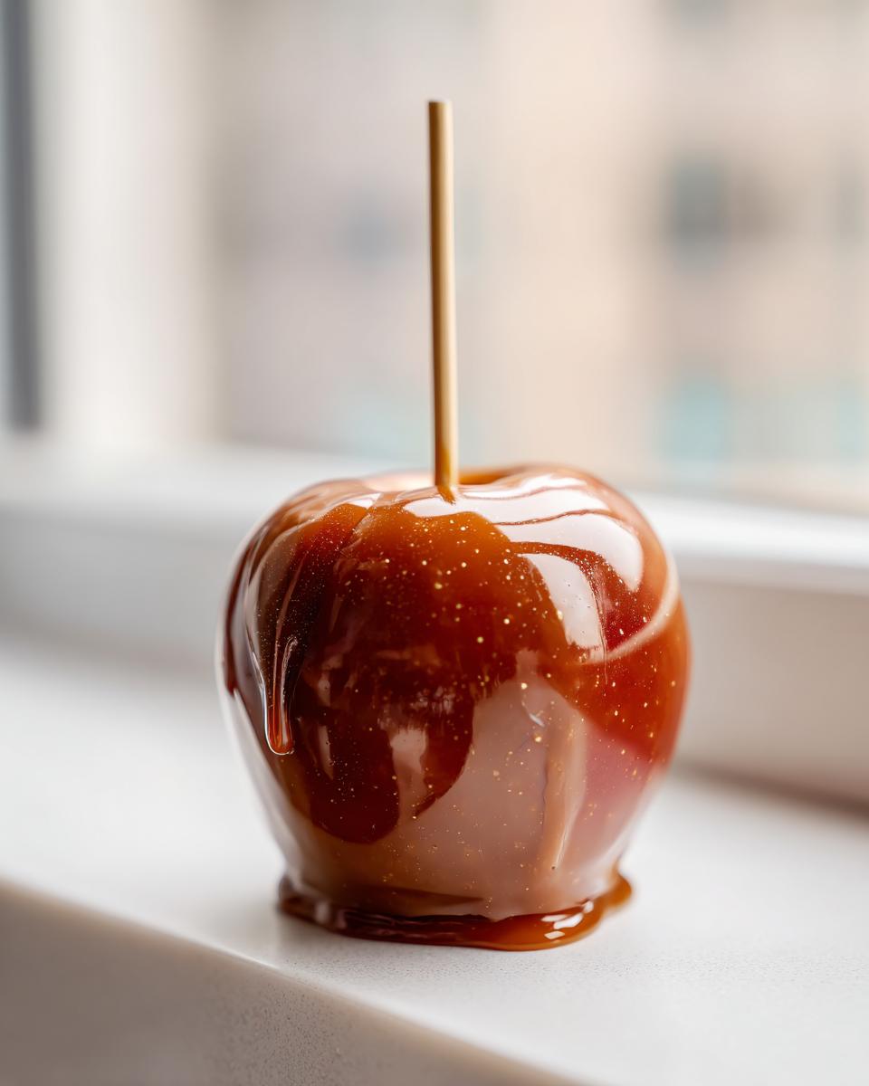A single, glossy caramel apple on a stick, glistening with rich caramel coating.