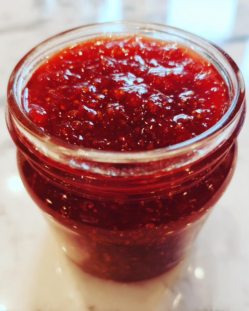 Close-up view of a glass jar filled with rich, glistening red christmas jam, showing fruit texture.