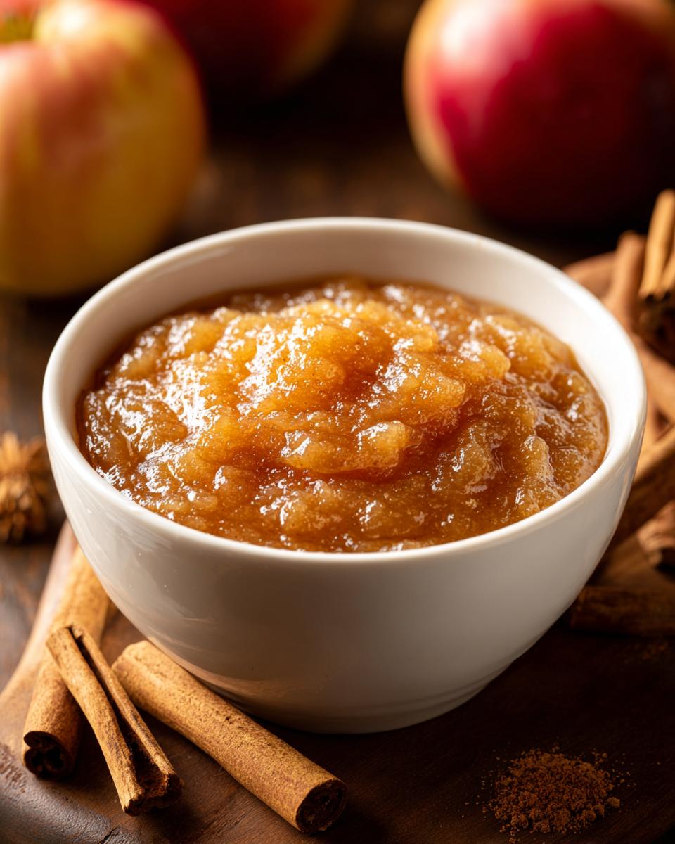 Close-up of chunky, spiced applesauce in a white bowl, surrounded by cinnamon sticks.