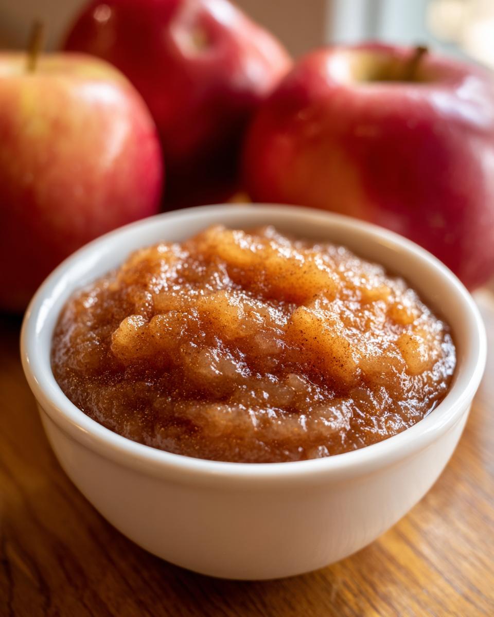 Close-up of homemade applesauce seasoned with cinnamon in a white bowl, with fresh red apples blurred in the background.