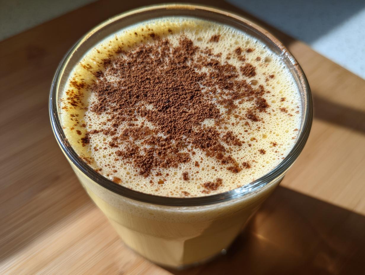 Close-up of a glass of creamy, frothy homemade eggnog topped with a dusting of cinnamon or nutmeg.