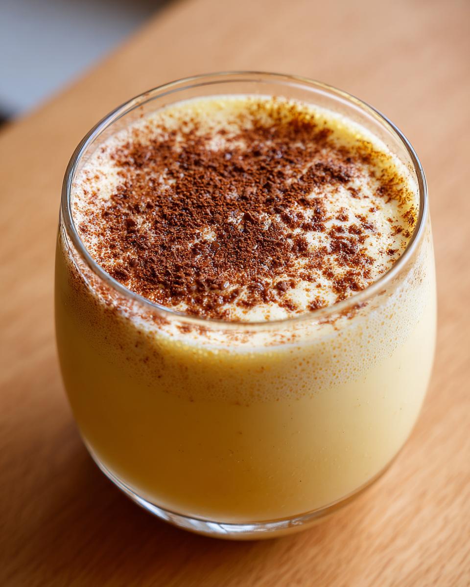 Close-up of a glass of creamy yellow homemade eggnog, topped with a dusting of cinnamon or nutmeg.