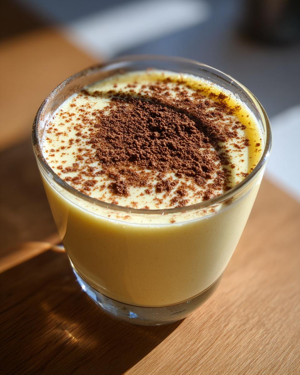 Close-up of a glass filled with creamy yellow homemade eggnog, dusted generously with cocoa powder.
