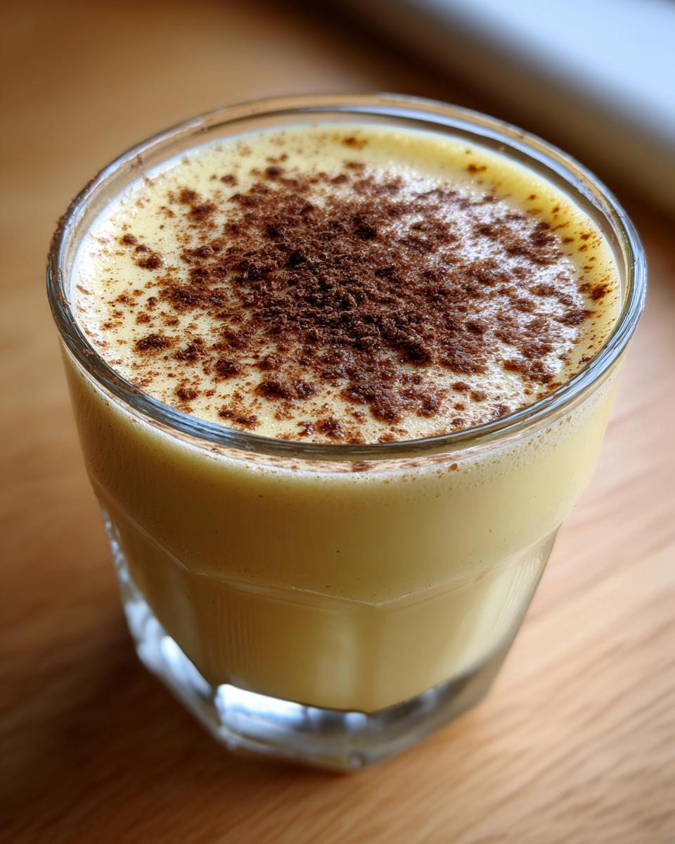 Close-up of a glass of creamy, yellow homemade eggnog topped with freshly grated nutmeg.