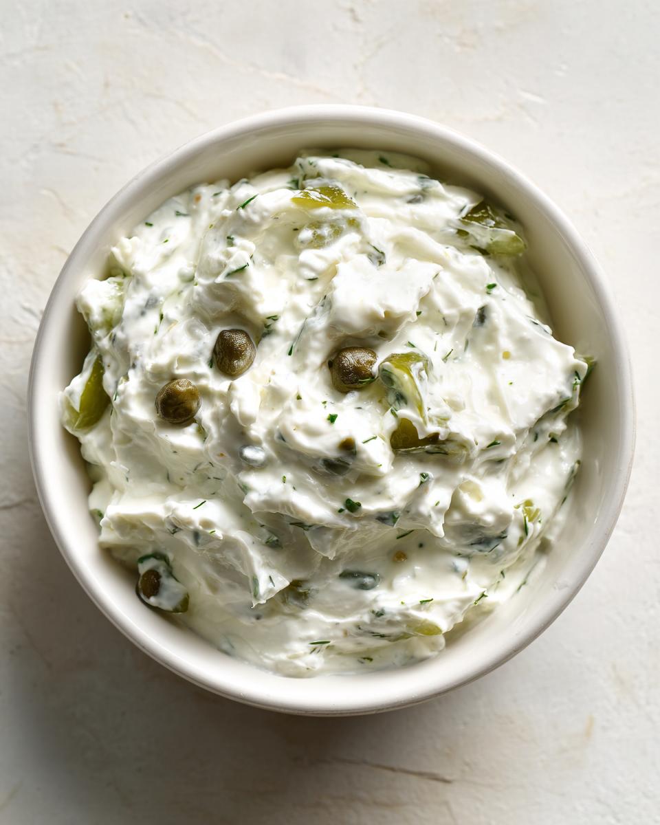 Overhead view of thick, creamy homemade tartar sauce recipe with visible capers and chopped pickles.