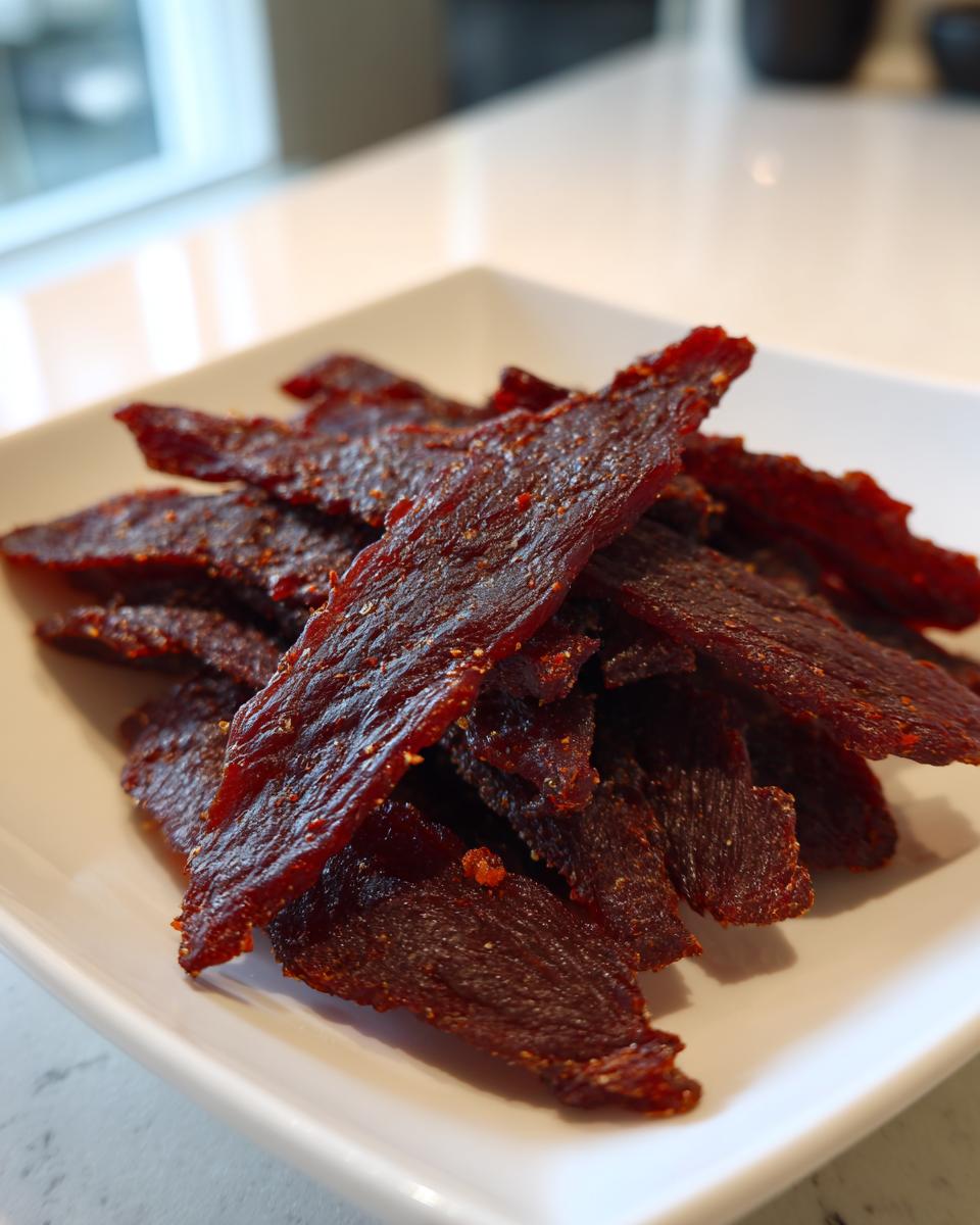 Close-up of a pile of dark, seasoned venison jerky strips served on a square white plate.