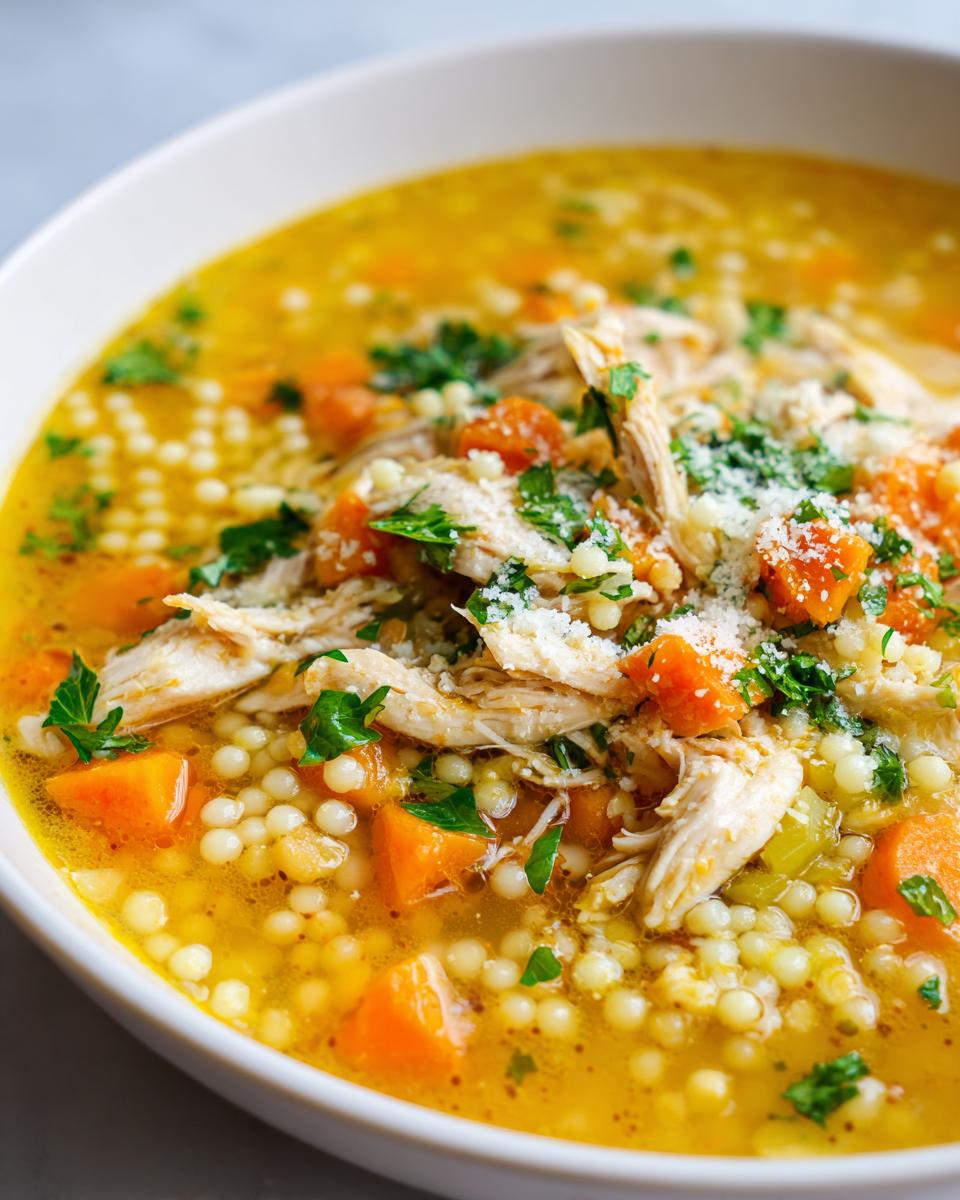 Close-up of a bowl of vibrant italian penicillin soup featuring shredded chicken, acini di pepe pasta, carrots, and parsley.