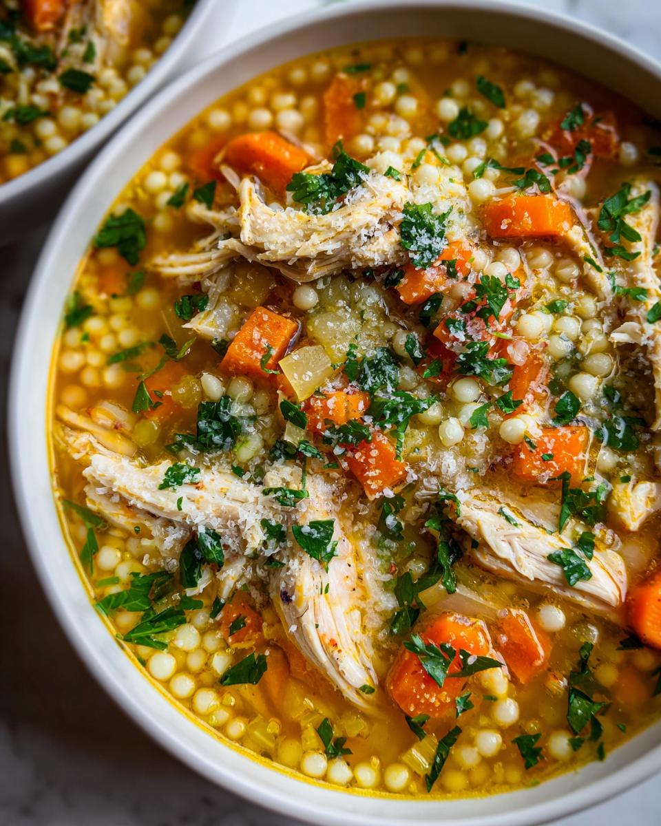 Close-up of a bowl of Italian penicillin soup featuring shredded chicken, acini di pepe pasta, carrots, and parsley.