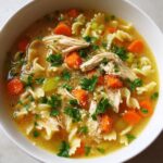 A close-up, overhead view of a bowl of hearty italian penicillin soup with shredded chicken, carrots, and bow-tie pasta.