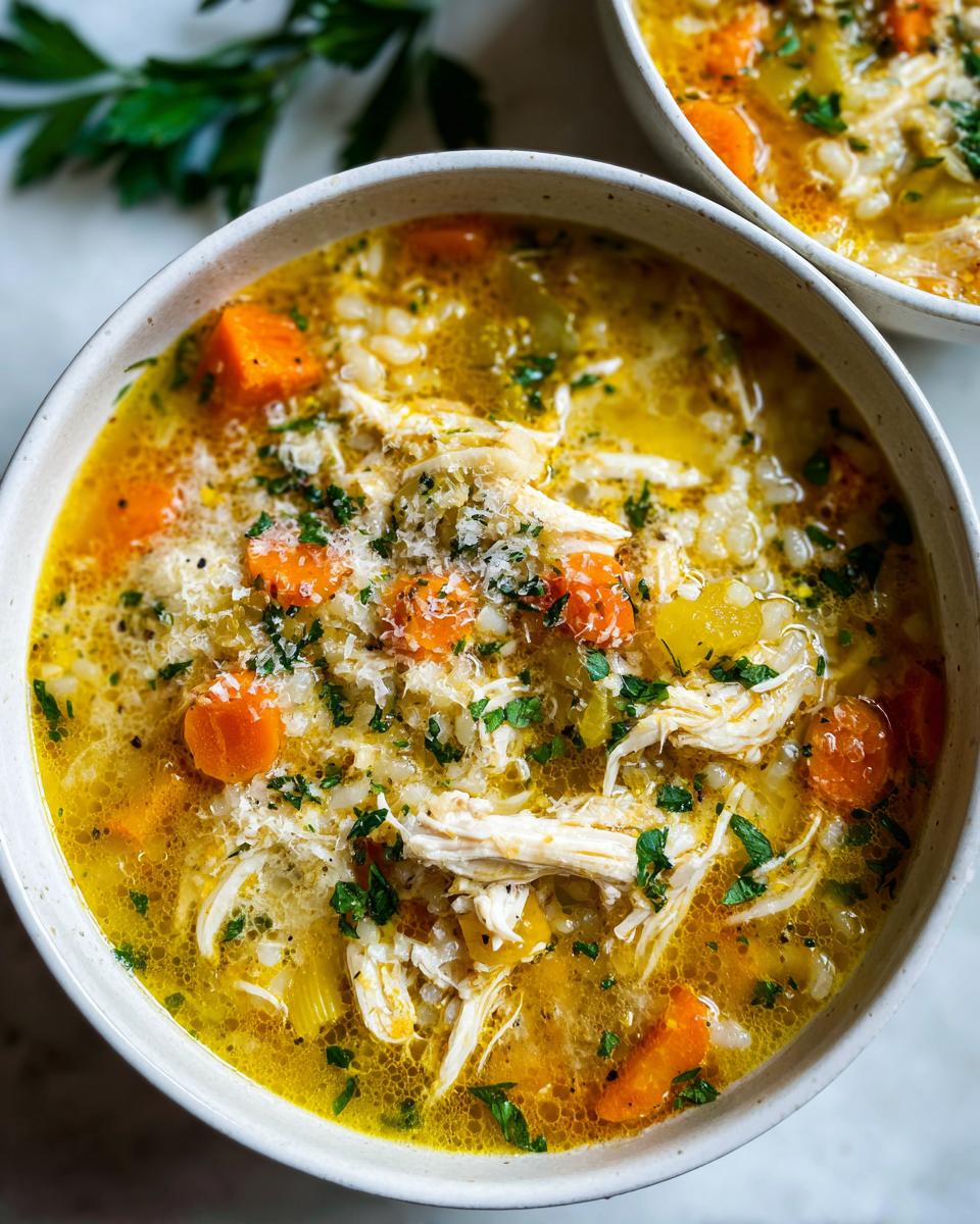 Overhead close-up of a bowl of rich, yellow italian penicillin soup filled with shredded chicken, carrots, and rice, topped with Parmesan.