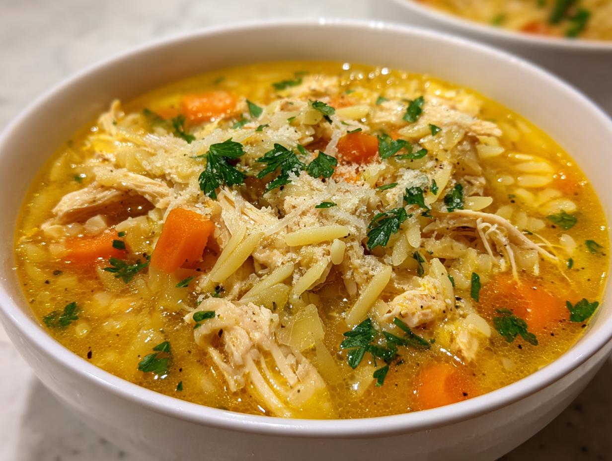 A close-up of a white bowl filled with rich, yellow italian penicillin soup featuring shredded chicken, orzo pasta, carrots, and grated cheese.