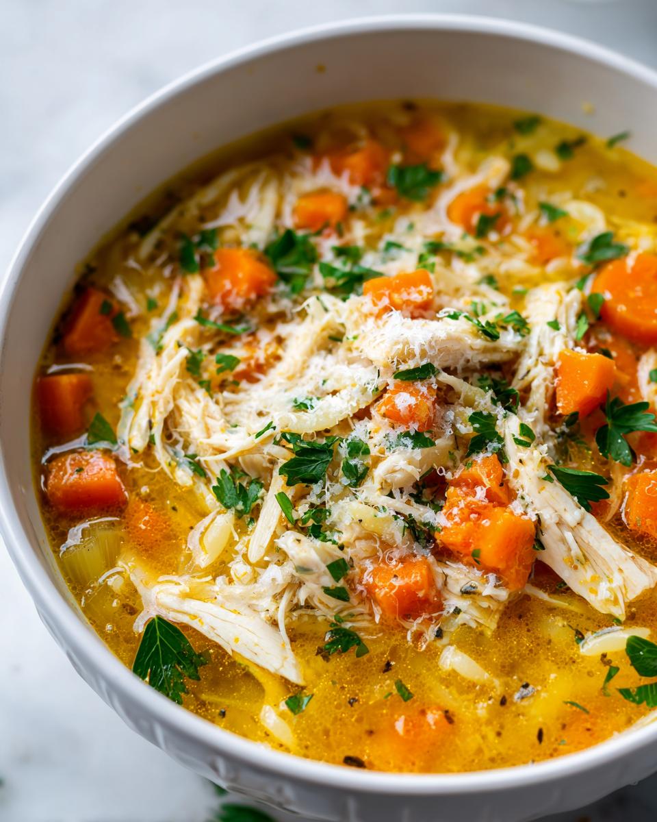 A close-up view of a bowl of rich, yellow Italian penicillin soup, featuring shredded chicken, diced carrots, and grated parmesan cheese.