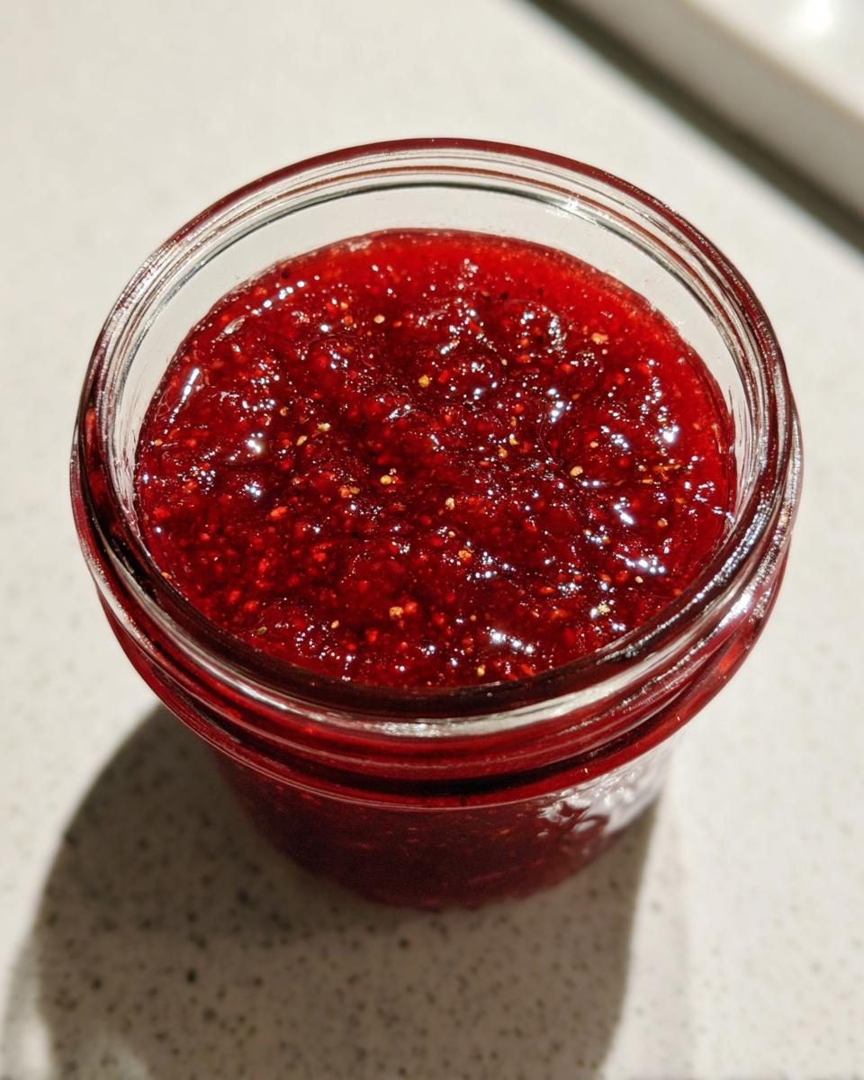 Overhead close-up of a glass jar filled with glistening, deep red christmas jam, showing visible seeds.