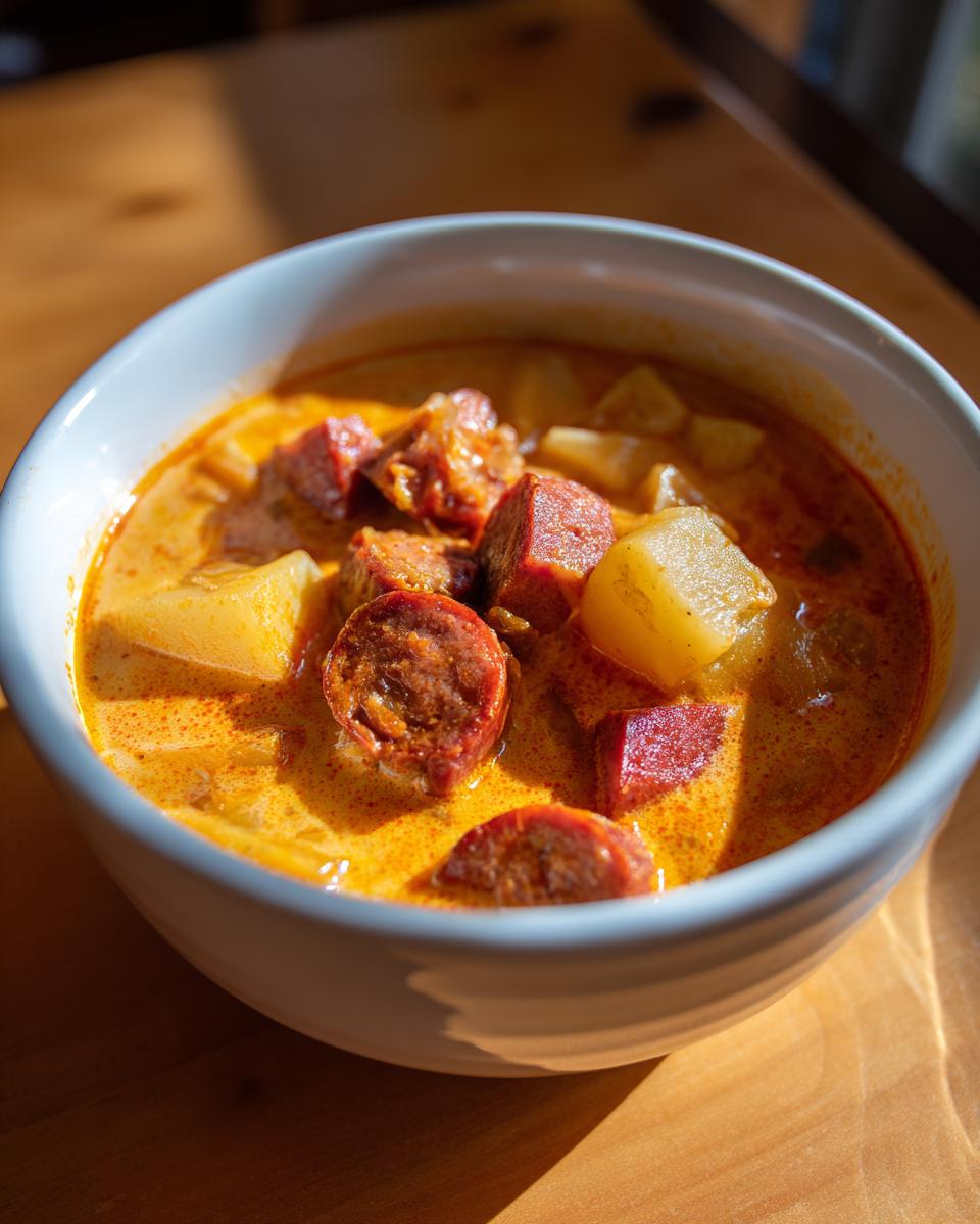 Close-up of a white bowl filled with creamy, orange-hued kielbasa potato soup, featuring chunks of sausage and potato.
