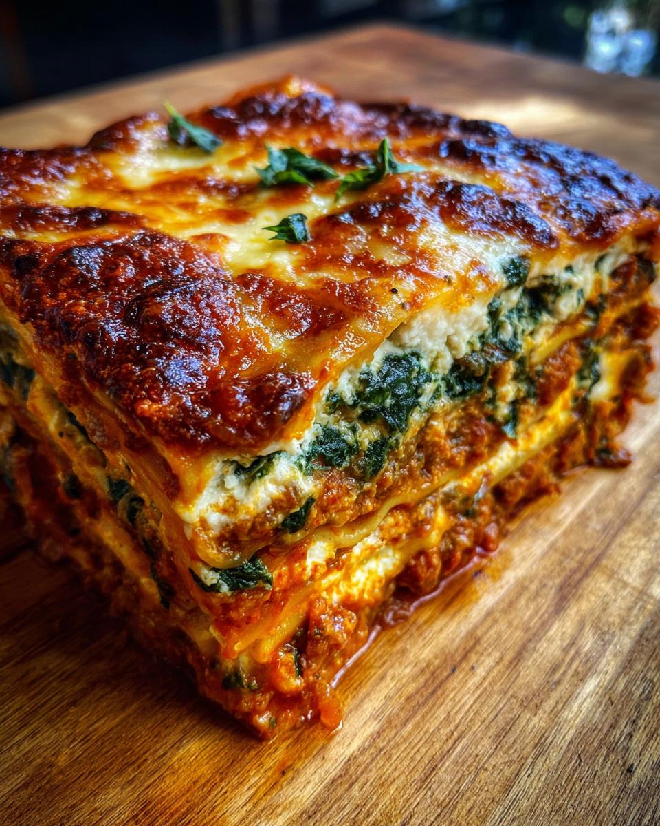 Close-up of a hearty slice of lasagna with cottage cheese, spinach, and a browned cheese top.