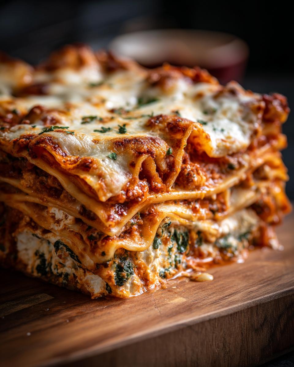 A thick, layered slice of lasagna with cottage cheese and spinach filling, topped with melted cheese.