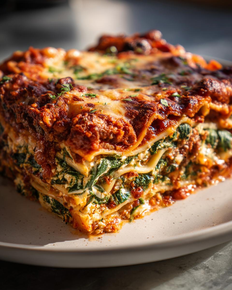 Close-up of a thick slice of lasagna with visible layers of pasta, spinach, meat sauce, and white cottage cheese filling.