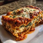 A thick, layered slice of Lasagna with Cottage Cheese, topped with melted mozzarella and parsley.