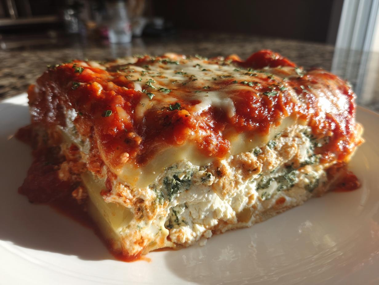 A thick, delicious slice of lasagna with cottage cheese and spinach filling, topped with rich tomato sauce and melted cheese.