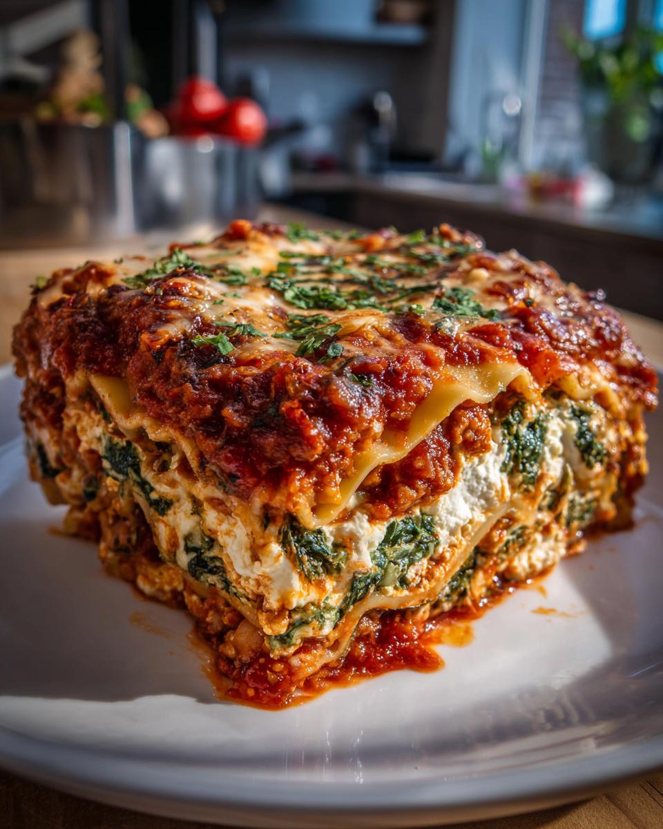 A thick, layered slice of lasagna with cottage cheese, spinach, and rich tomato sauce, garnished with parsley.