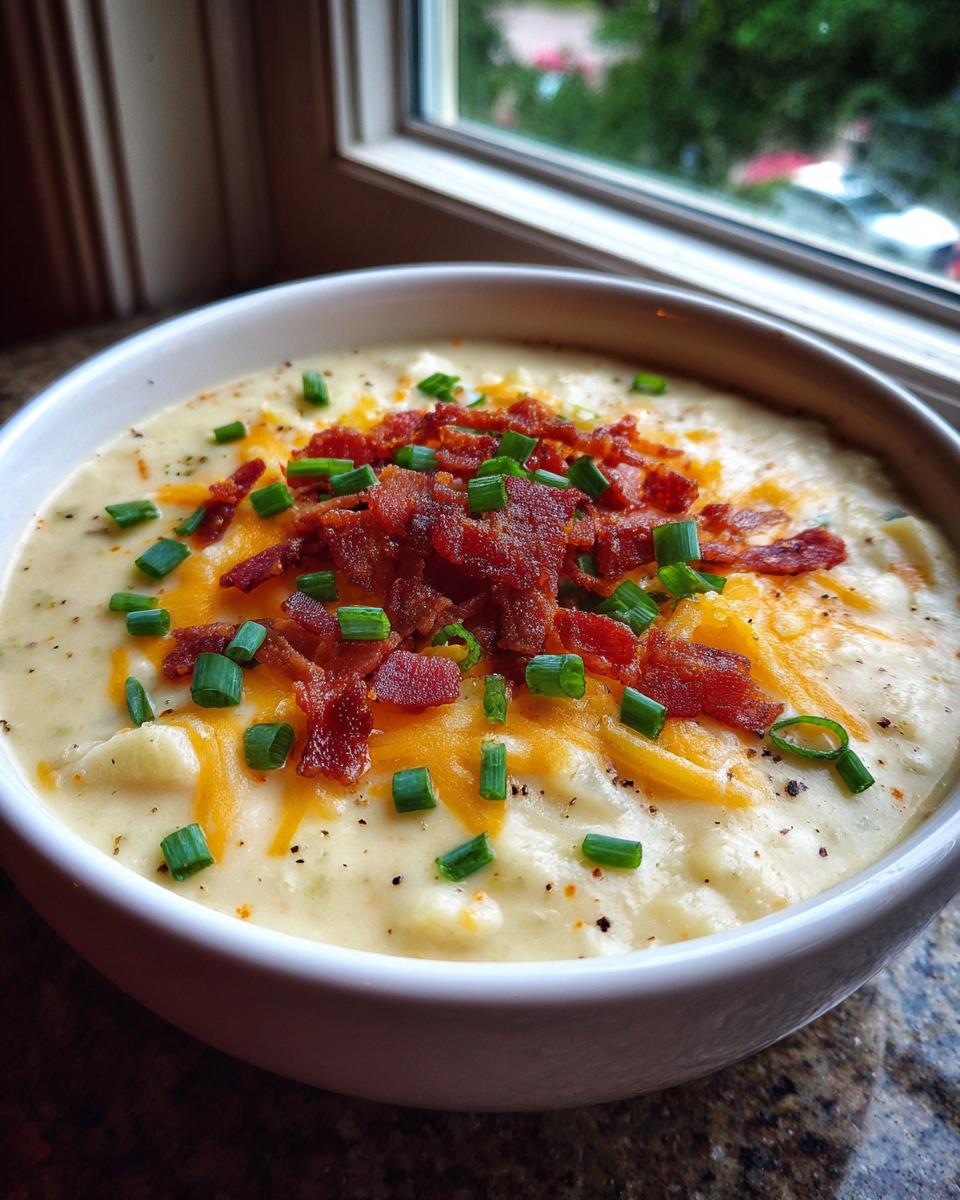 A close-up of a creamy bowl of loaded baked potato soup topped with bacon bits, shredded cheddar cheese, and chives.