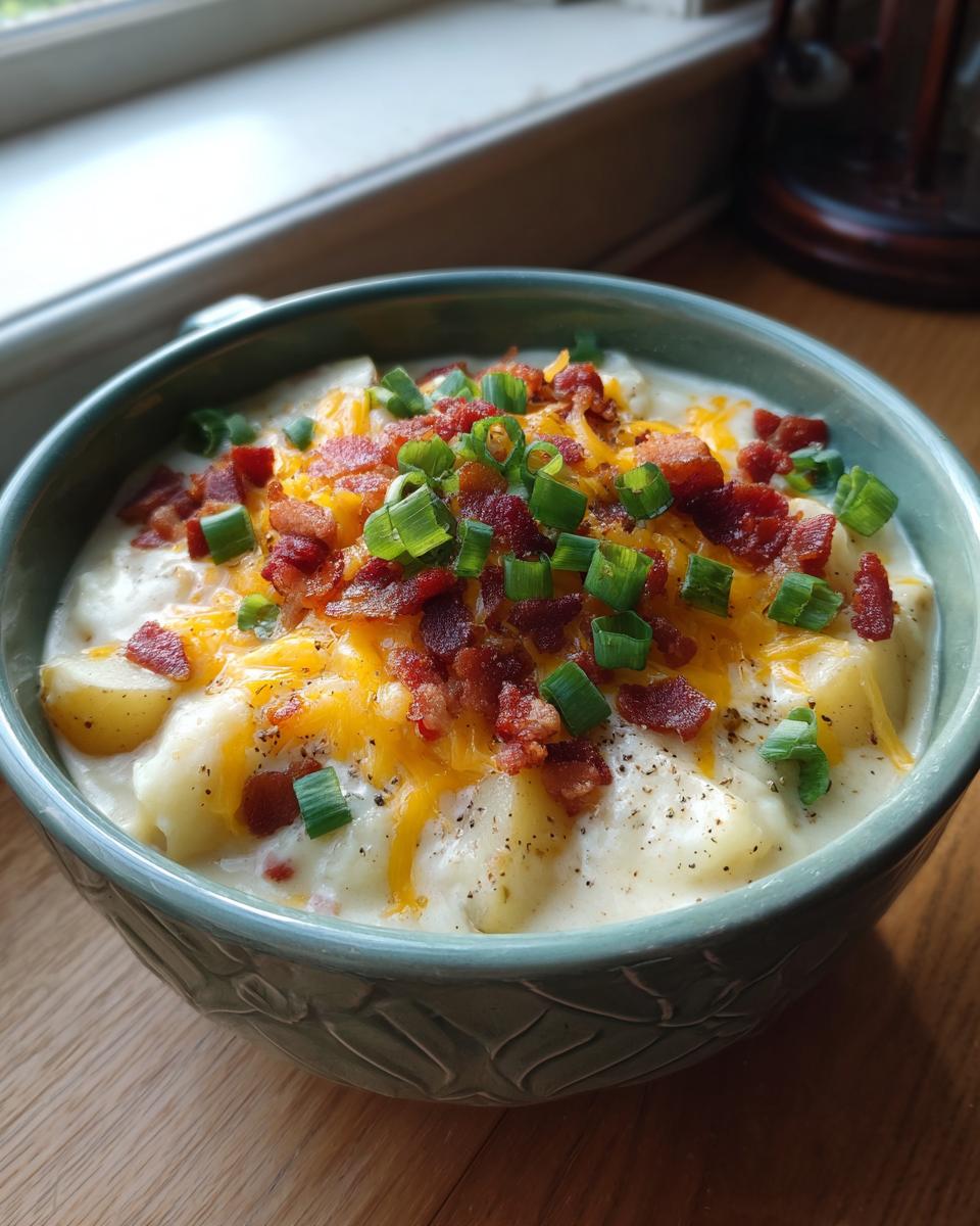 A creamy bowl of loaded baked potato soup topped generously with shredded cheddar cheese, bacon bits, and fresh green onions.