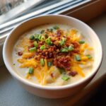 A creamy bowl of loaded baked potato soup topped generously with shredded cheddar cheese, bacon bits, and fresh green onions.